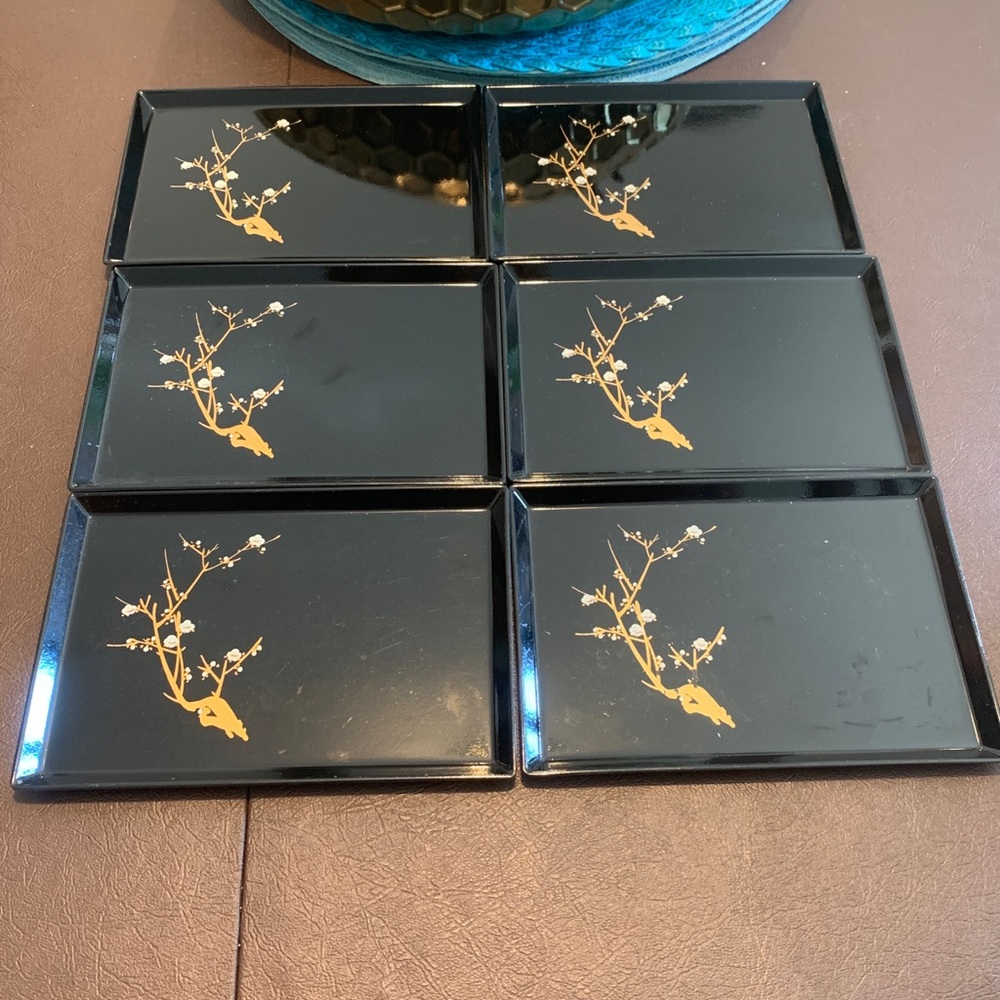 6 Vintage OMC Otagiri Black Cherry Blossom Appetizer Snack Trays Japan MCM.